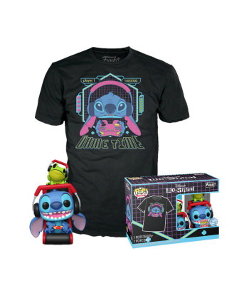 Figura Funko Pop Gamer Stitch 1569 - Disney Lilo y Stitch - Pack Especial con Camiseta Talla L